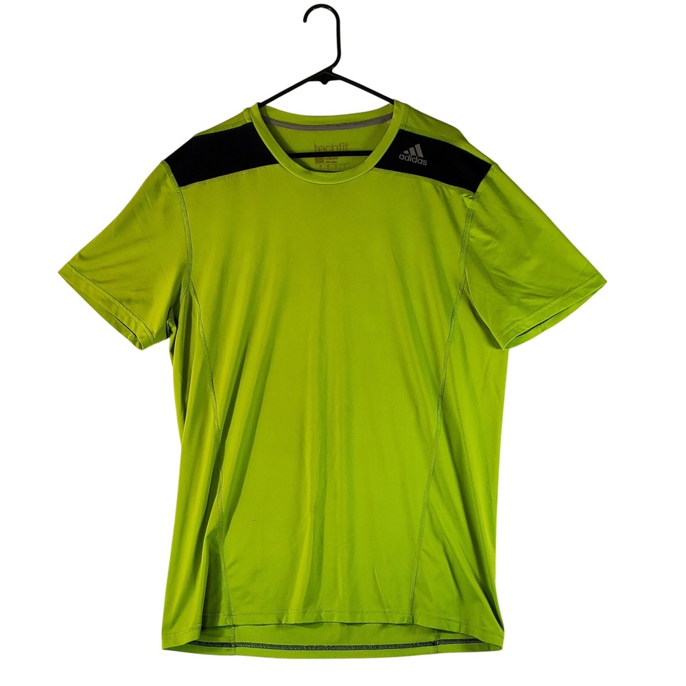 Adidas Mens Techfit Climalite Training Shirt Neon Green Black Short Sleeve Large